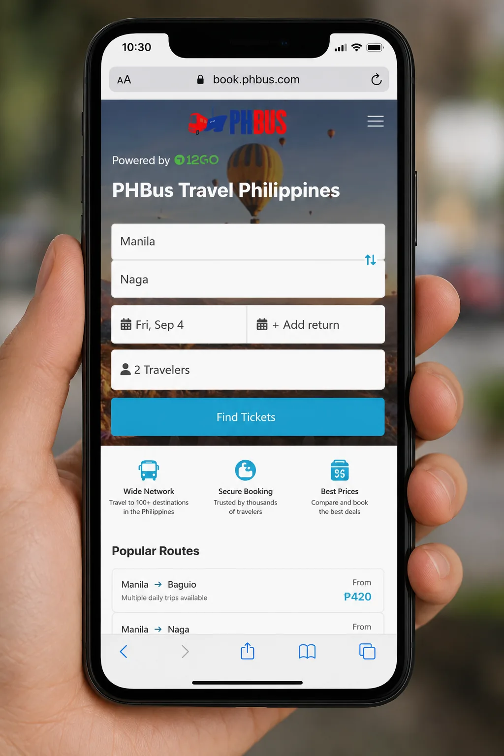 PHBus mobile ticket search interface for booking Ceres bus tickets online